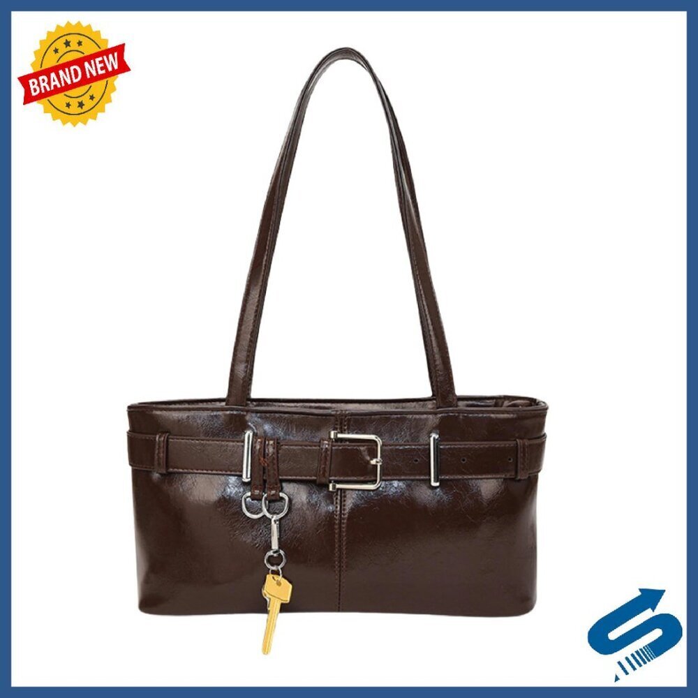 Medium Vegan Leather Tote with Belted Detail & Key Charm